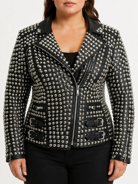 Women's fully silver-studded black leather punk jacket on a plus-size model, studio hero image