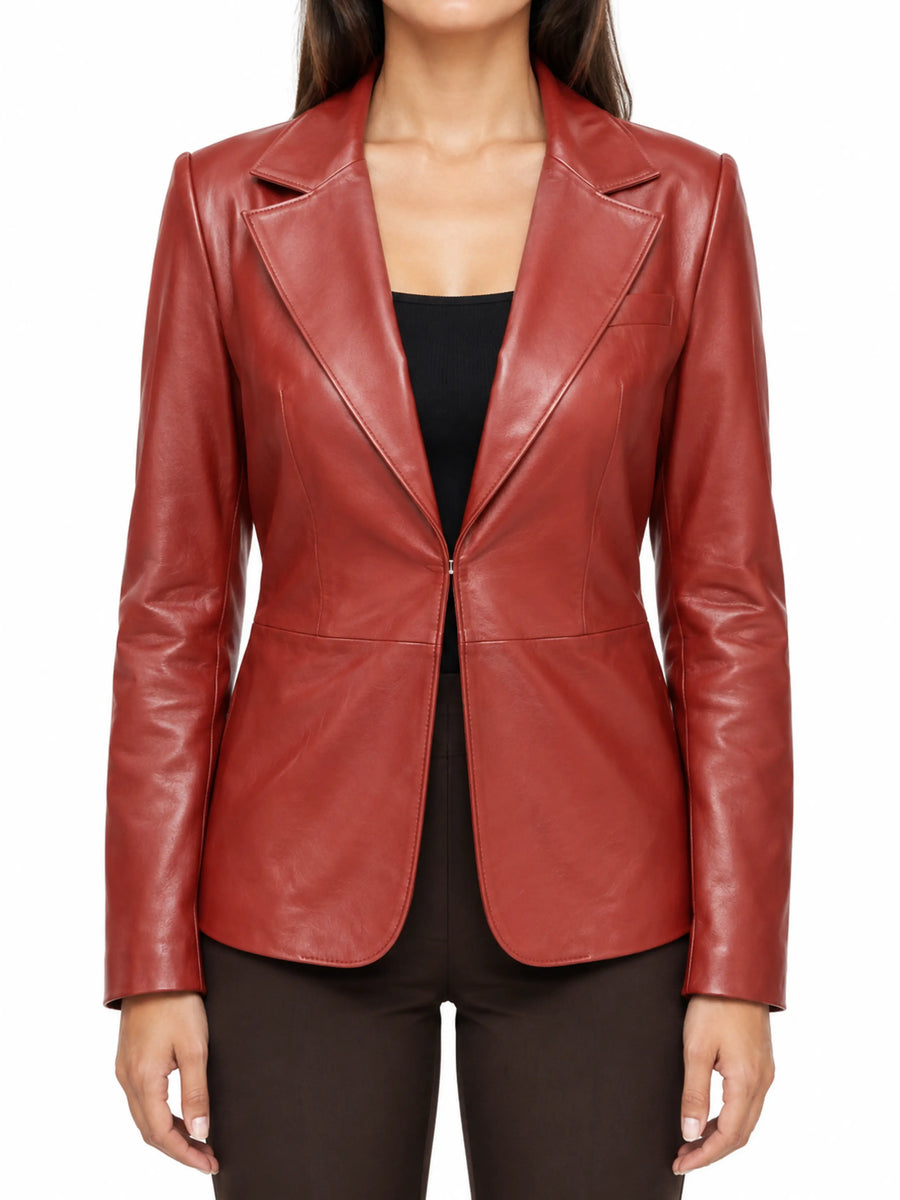 Red Leather Blazer Formal Button Closure Women Office Meeting