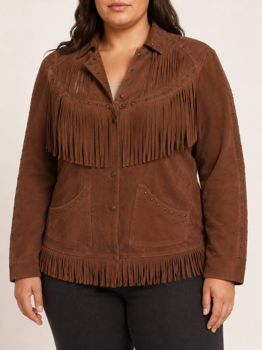 Womens's suede leather fringe criminal western jacket for Halloween