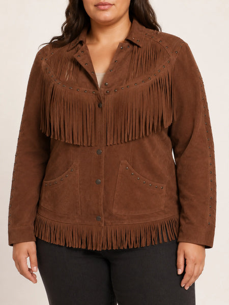 Women's dusty brown studded suede fringe jacket on a plus-size model, studio hero image