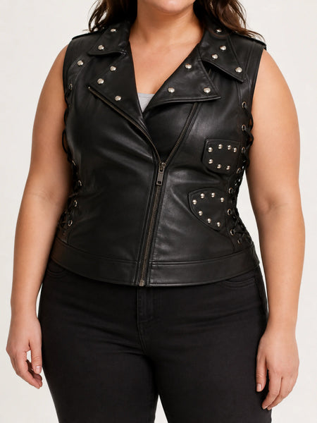 Women's sleeveless black studded leather vest on a plus-size model, studio hero image