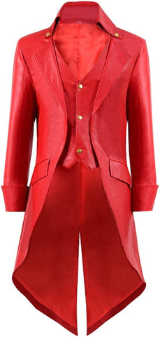 NOORA Men's STEAMPUNK Gothic Victorian Tailcoat Costum RED Genuine Leather Coat Party OverCoat,Long Coat,Classic Young Boy's Dress-SJ507