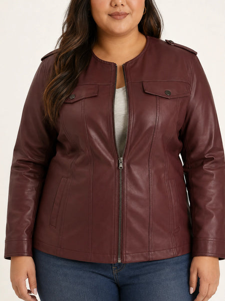 Plus-size woman wearing NOORA ST0154 burgundy lambskin biker jacket