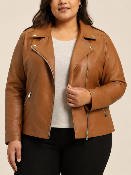 Plus-size woman wearing NOORA ST0155 tan lambskin biker jacket