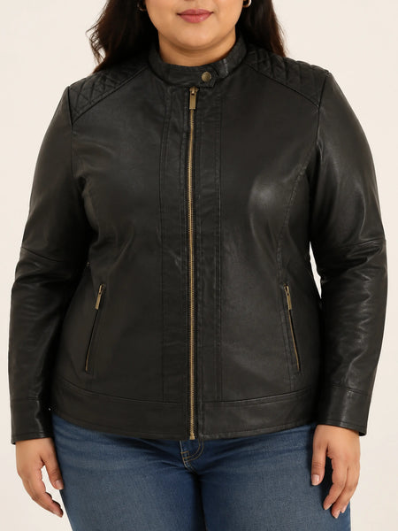 Plus-size woman wearing NOORA ST0163 black quilted lambskin biker jacket
