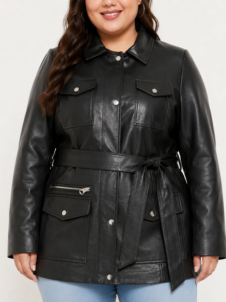 Plus-size woman wearing NOORA ST0164 black belted lambskin trench jacket
