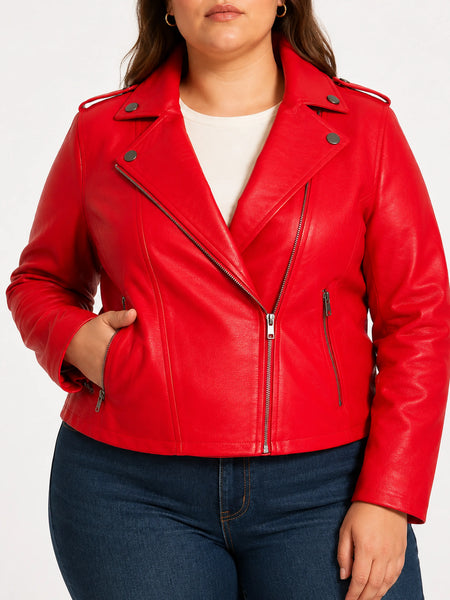 Plus-size woman wearing NOORA ST0165 red lambskin biker jacket
