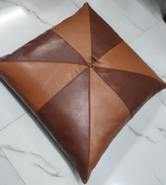 Tan & Dark Tan Lambskin Leather Pillow Cover - Noora International