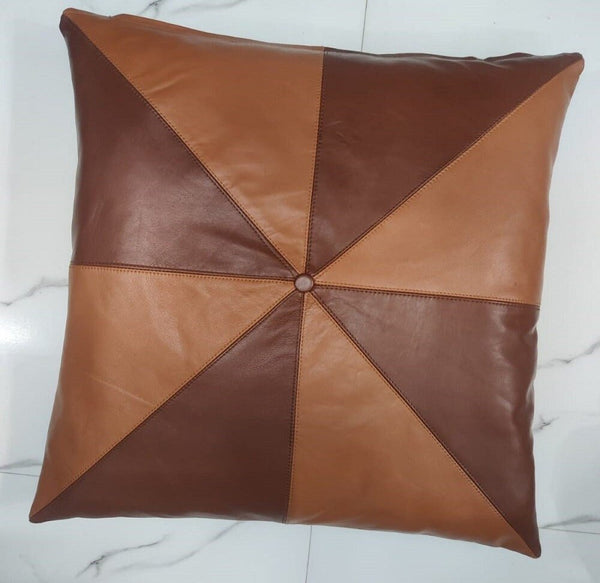 Tan & Dark Tan Lambskin Leather Pillow Cover - Noora International