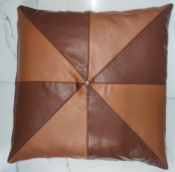 Tan & Dark Tan Lambskin Leather Pillow Cover - Noora International