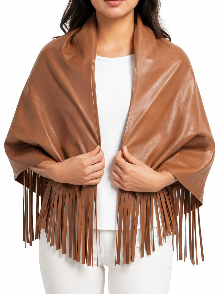 Tan Leather Scarf Fringe Shawl Western Cowgirl Neckwarmer