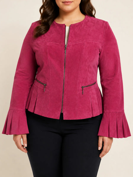 Women's raspberry pink suede ruffle-cuff jacket on a plus-size model, studio hero image