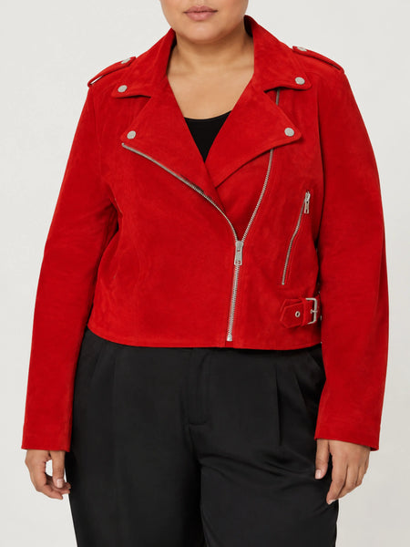 Women's scarlet red suede biker jacket on a plus-size model, studio hero image