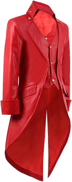 NOORA Men's STEAMPUNK Gothic Victorian Tailcoat Costum RED Genuine Leather Coat Party OverCoat,Long Coat,Classic Young Boy's Dress-SJ507