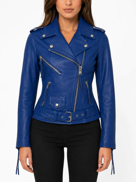 Noora New Ladies & Girl Lambskin Leather Classic Jacket Biker Motorcycle Slim Fit Blue Jacket Women Asymmetrical Blue Leather Jacket — standardized studio hero