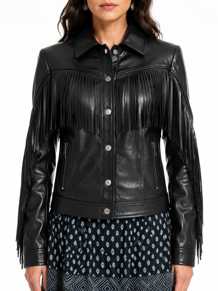 Women Black Fringe Leather Jacket Western Style Motor Biker Jacket with Tassel - standardized hero