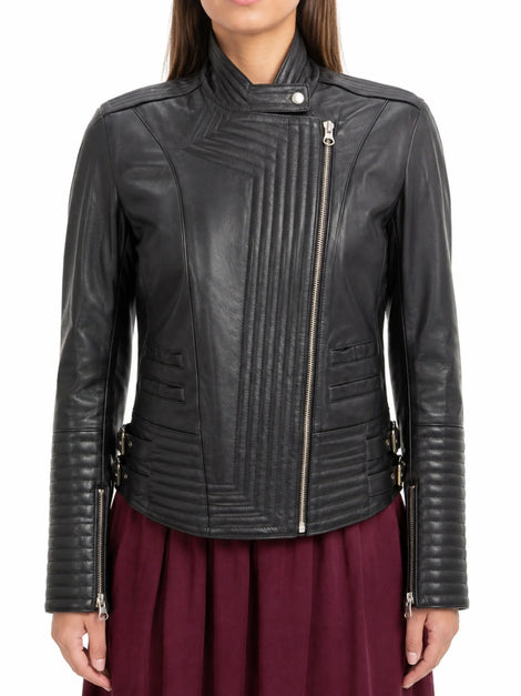 Women Black Quilted Motorcycle Jacket Biker Leather Jacket