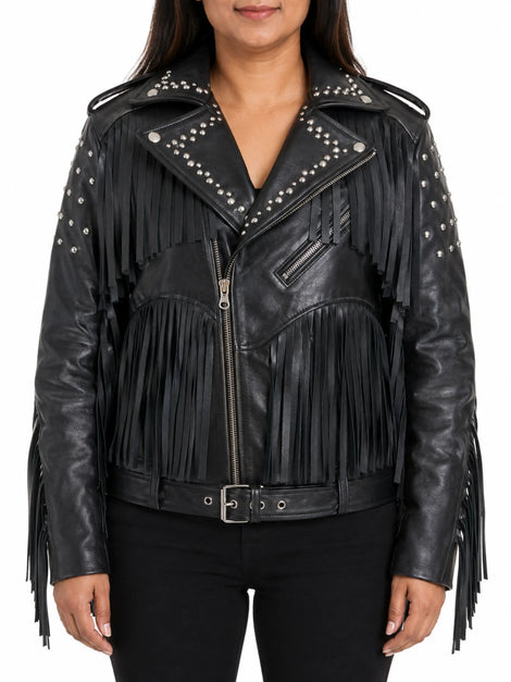 Women Black Studded Fringe Leather Jacket Western Biker Style