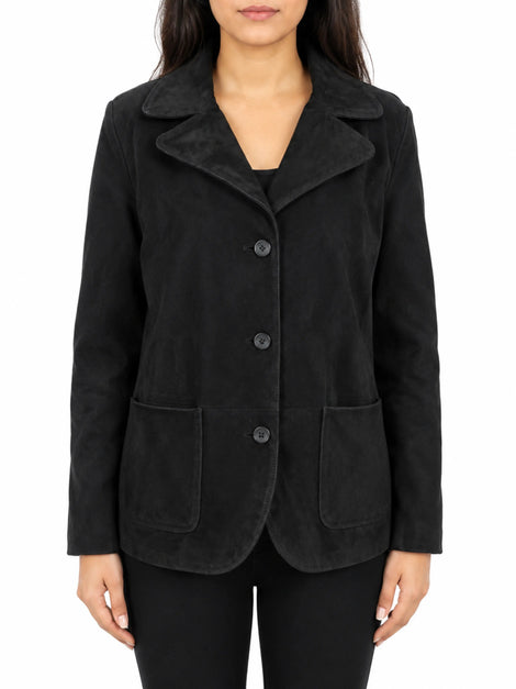 Women Black Suede Leather Blazer Formal Office Business