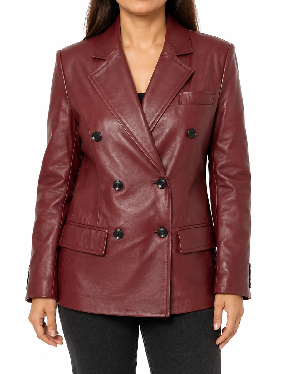 Women Blood Red Blazer Formal Office Meeting Leather Blazer
