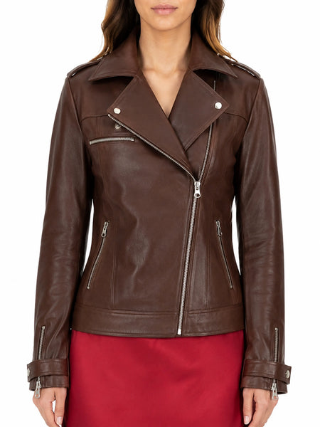 Women Brown Lambskin Leather Biker Jacket Motorcycle Slim Fit Clubbing Jacket - standardized hero