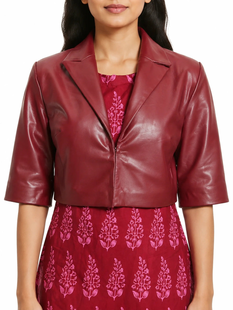 Women Dark Red Leather Blazer Cropped Bolero Formal Office