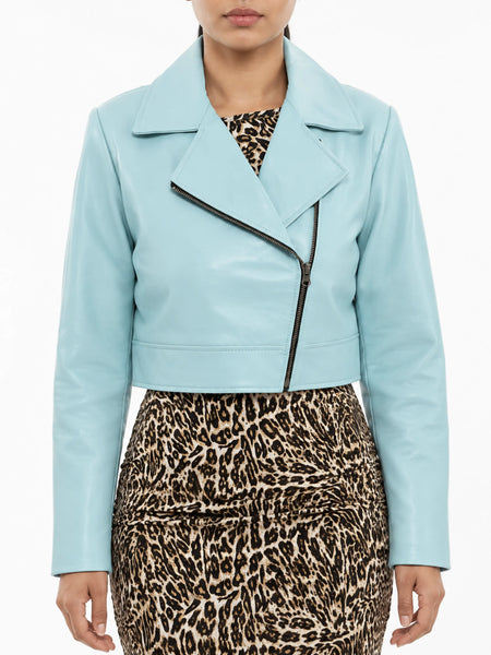Women Lambskin Sky Blue Cropped Leather Jacket Moto Bolero Shrug Biker - standardized hero