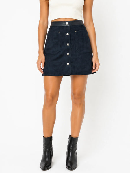 Women Leather TRIMMED Suede Mini Skirt Navy Blue Short MINI Skirt — belly-to-toes white-studio product hero