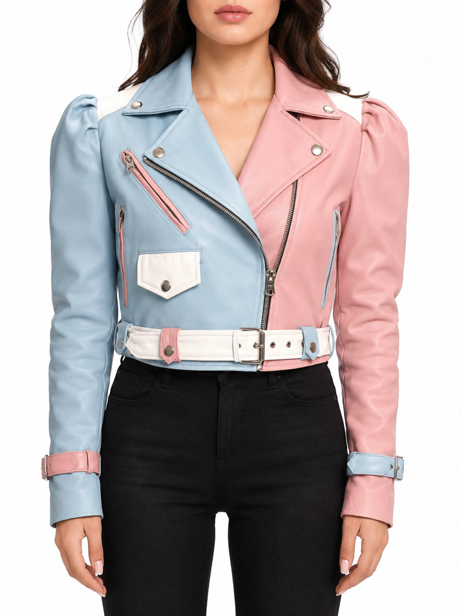Women Multicolor Sky Blue Baby Pink White Cropped Leather Jacket