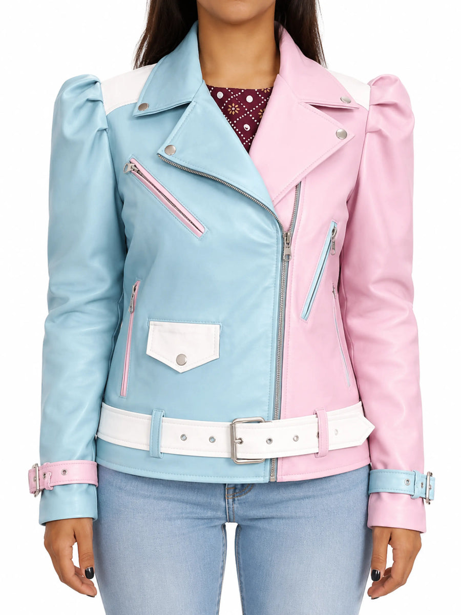 Women Multicolor Sky Blue Baby Pink White Leather Jacket