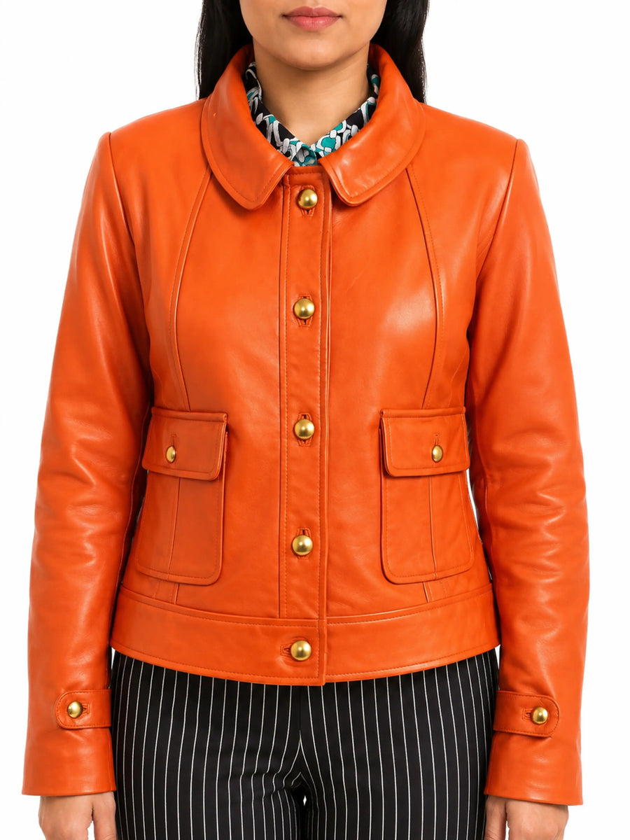 Women Orange Leather Shirt Western Style Casual Jacket