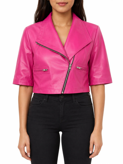 Women Pink Leather Biker Jacket Casual Cropped Jacket Motorcycle