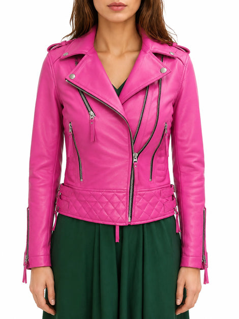 Women Pink Leather Biker Jacket Slim Fit Motorcycle Biker