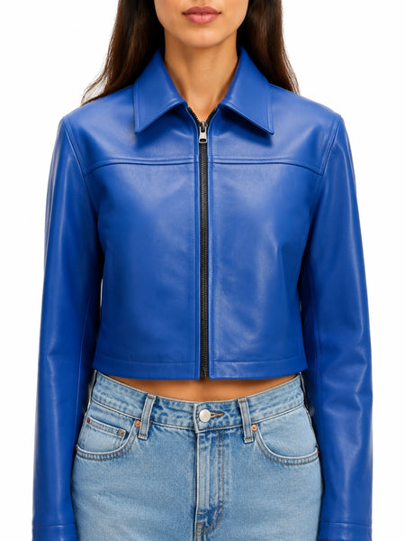 Women Royal Blue Leather Jacket Cropped Motor Biker Bolero Shrug Slim Fit - standardized hero