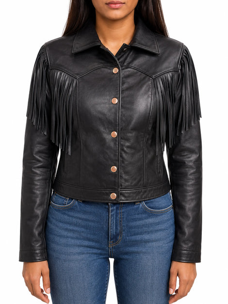 Women Sheepskin Black Cropped Western Fringe Leather Jacket