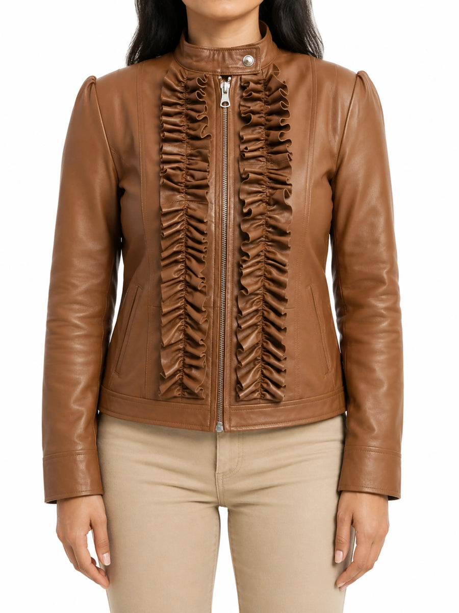 Women Tan Ruffle Trim Zipper Long Sleeve Leather Jacket