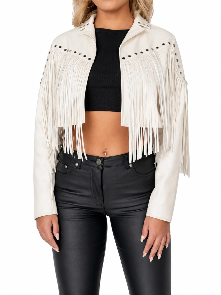 Women White Fringe Studded Leather Jacket Party Western Style