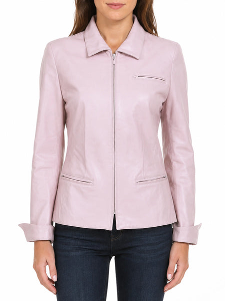 Women's baby pink leather shirt jacket on model, front hero view