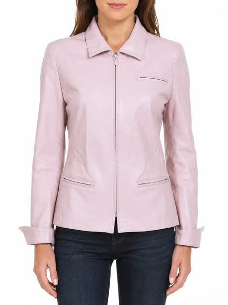 Women's Vintage Baby Pink Casual Shirt Leather jacket With Multi Zips And Pockets