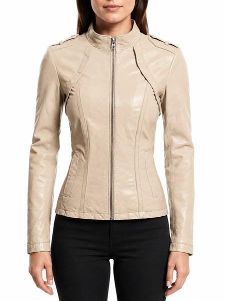 Women's Beige Fitted Leather Jacket ST0326 — standardized studio hero