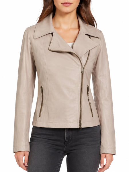 Noora Women's Beige Lambskin Leather Jacket With Notched Collar ST0239 — standardized studio hero