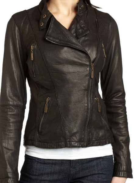 NOORA New Women's / Girls 100% Authentic Lambskin leather Dark Brown Jacket, Slim Fitted Leather Jacket YK06 — standardized leather jacket hero