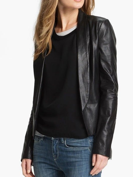 Noora Women's Lambskin Leather Black Blazer Motorcycle leather jacket ST0300 — standardized studio hero