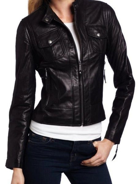 Noora Women's Black Collared leather jacket with front pocket Motorcycle Leather Jacket ST0293 — standardized studio hero