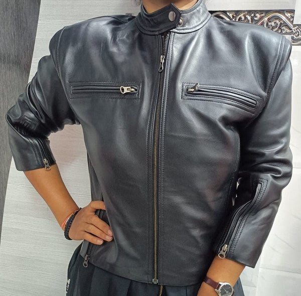 Women's Black Cropped Leather Biker Jacket with Collar - Noora International
