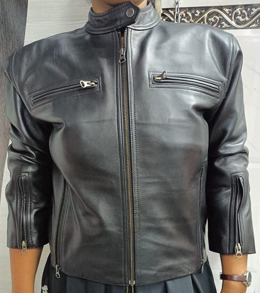 Women's Black Cropped Leather Biker Jacket with Collar - Noora International