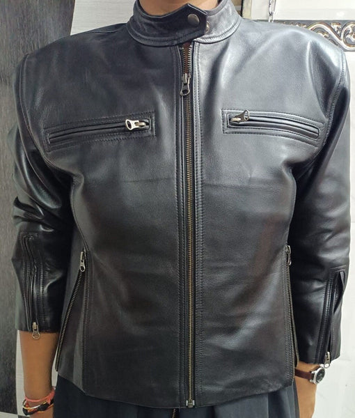 Women's Black Cropped Leather Biker Jacket with Collar - Noora International