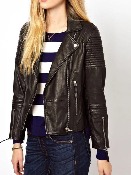 Noora Women's Black Detailed Biker Motorcycle Leather Jacket ST0245 — standardized studio hero