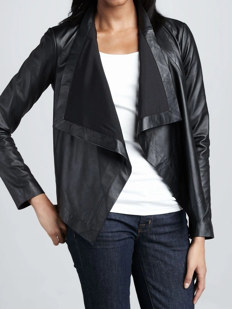 Women's Black Draped Lapel Leather Jacket