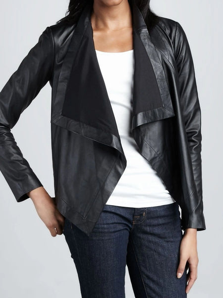Women's Black Draped Lapel Leather Jacket ST0328 — standardized studio hero
